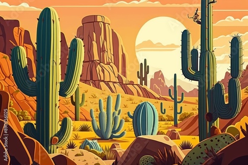 wild west desert with canyons bushes and cacti plants.