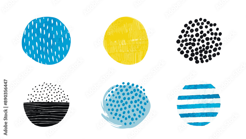 Different circles texture set. Hand painted and dots graphic pattern. blue yellow black colors Different circles texture set. Hand painted and dots graphic pattern. blue yellow black colors