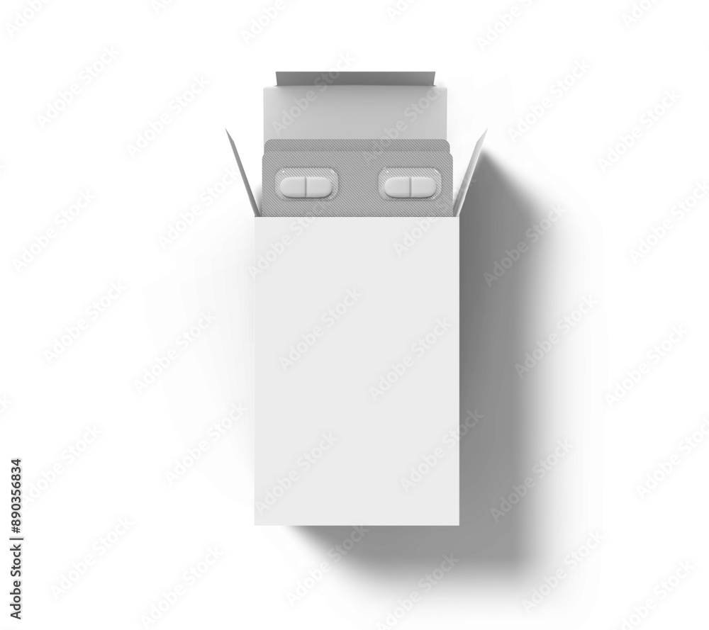 Pills Box Mock up On Isolated White Background, Package blister with round medicines pills on white background. Mock up template. 3D rendering 3D illustration Pills Box Mock up On Isolated White Background, Package blister with round medicines pills on white background. Mock up template. 3D rendering 3D illustration