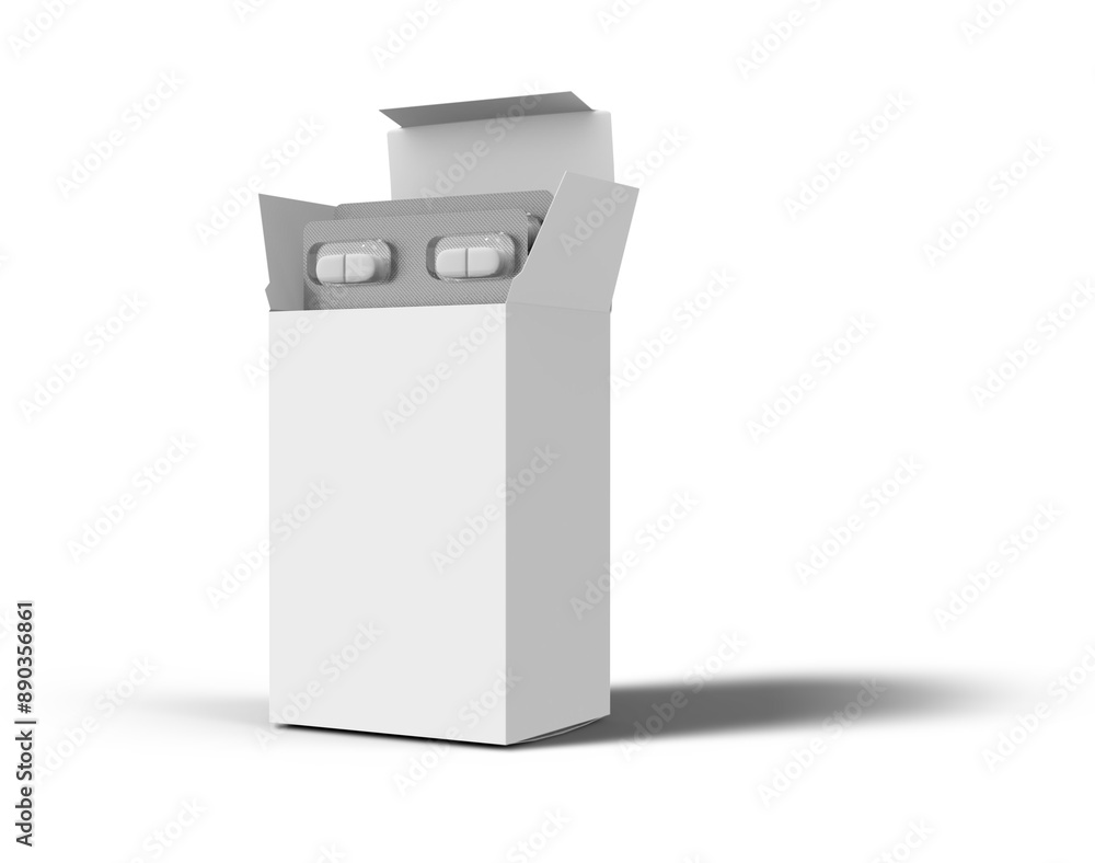Pills Box Mock up On Isolated White Background, Package blister with round medicines pills on white background. Mock up template. 3D rendering 3D illustration Pills Box Mock up On Isolated White Background, Package blister with round medicines pills on white background. Mock up template. 3D rendering 3D illustration
