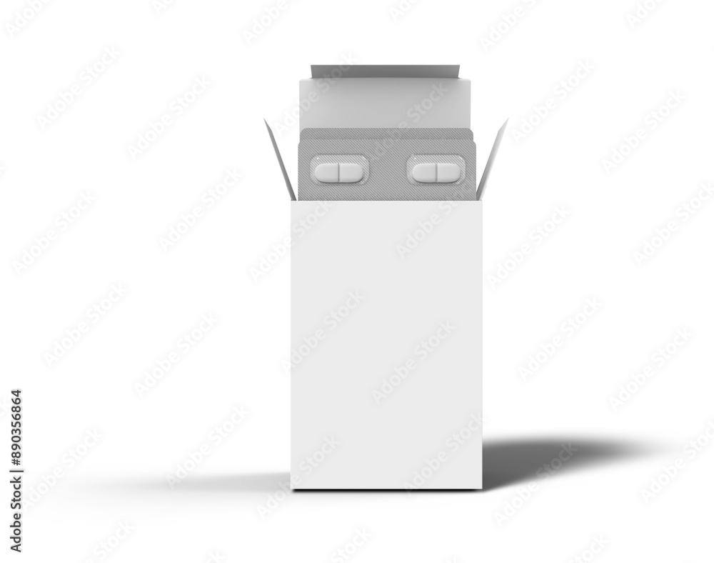 Pills Box Mock up On Isolated White Background, Package blister with round medicines pills on white background. Mock up template. 3D rendering 3D illustration Pills Box Mock up On Isolated White Background, Package blister with round medicines pills on white background. Mock up template. 3D rendering 3D illustration