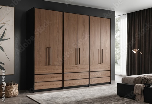 Modern Wardrobe with Black Oak and Brushed Copper Doors