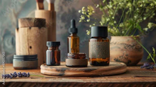 Assorted natural skincare bottles on a wooden surface photo