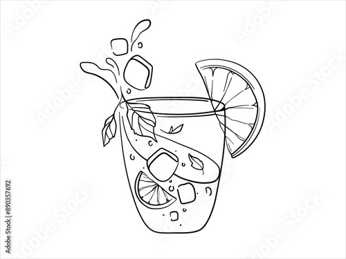 Summer coctail with ice continuous line art drawing isolated on white background. Vector illustration	