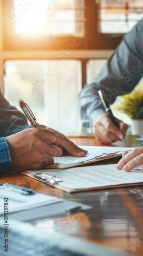 Two people writing on a table with a clipboard in between them