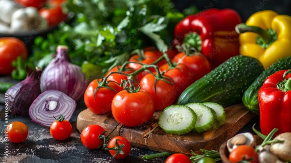 Fresh vegetables including tomatoes and peppers Fresh vegetables including tomatoes and peppers