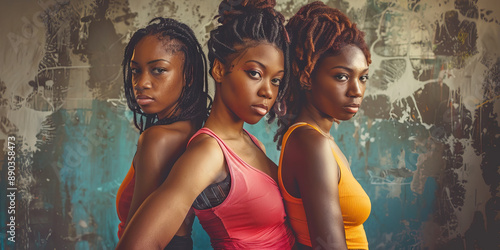 Sisterhood in Strength: Three African American women of various ages, linked arm-in-arm, exuding confidence and sisterly support photo