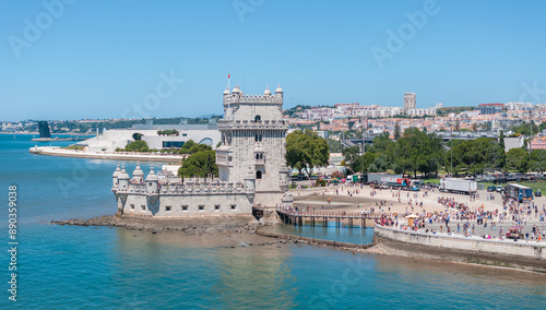 Aerial close up view of the Tower of Belem in Lisbon, Portugal on the Tagus River.