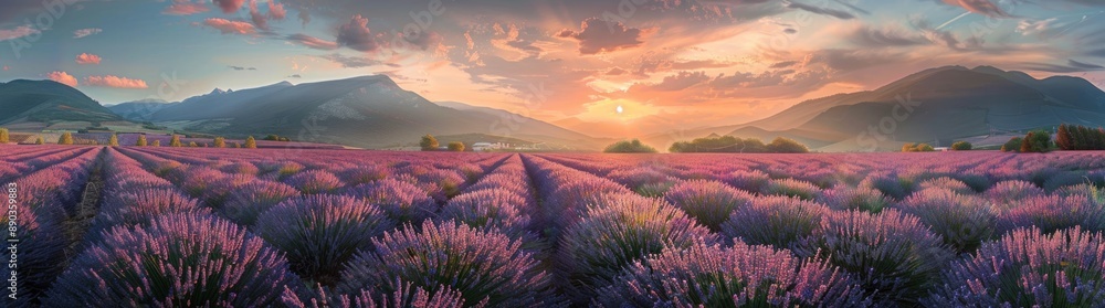 Lavender field at sunset with lavender flowers in full bloom. Lavender field at sunset with lavender flowers in full bloom.