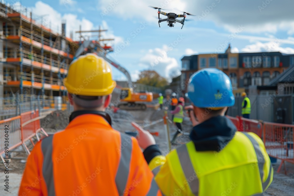 Construction workers overseeing a site with drone inspection. Bright blue sky. Highly visible safety gear worn by workers. Modern construction technology. Generative AI Construction workers overseeing a site with drone inspection. Bright blue sky. Highly visible safety gear worn by workers. Modern construction technology. Generative AI