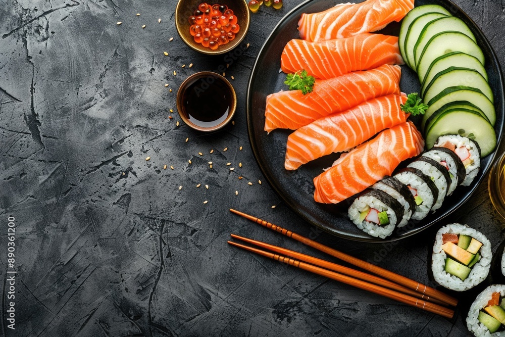 Sushi set with salmon sashimi, cucumber and caviar on dark background. Sushi set with salmon sashimi, cucumber and caviar on dark background.