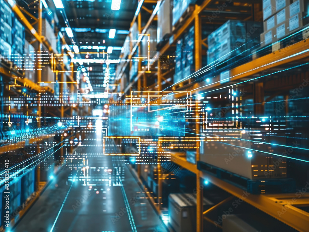 High-tech warehouse with digital data overlay, showcasing logistics and inventory management in an industrial storage environment High-tech warehouse with digital data overlay, showcasing logistics and inventory management in an industrial storage environment
