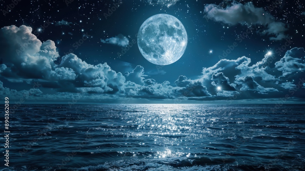A mesmerizing full moon illuminates a calm ocean under a star-filled sky, creating a serene and magical night seascape. A mesmerizing full moon illuminates a calm ocean under a star-filled sky, creating a serene and magical night seascape.