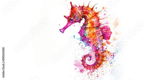 A watercolor painting of a seahorse on a white background