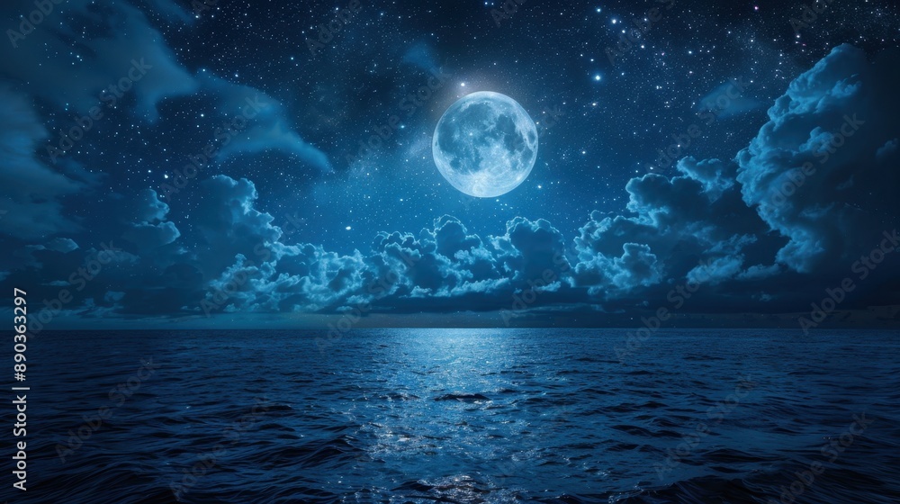 Majestic moonlit sea with clouds and stars on a tranquil night. Serene and enchanting nighttime ocean landscape under the full moon. Majestic moonlit sea with clouds and stars on a tranquil night. Serene and enchanting nighttime ocean landscape under the full moon.