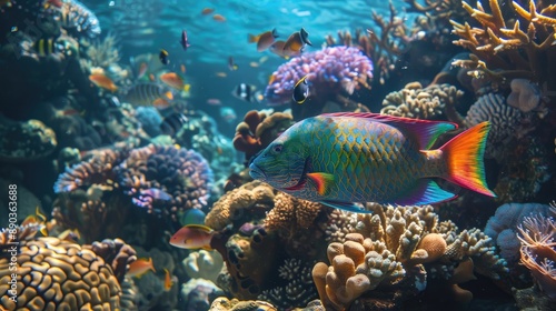 Colorful parrotfish nibbling on coral in a tropical reef © Lcs