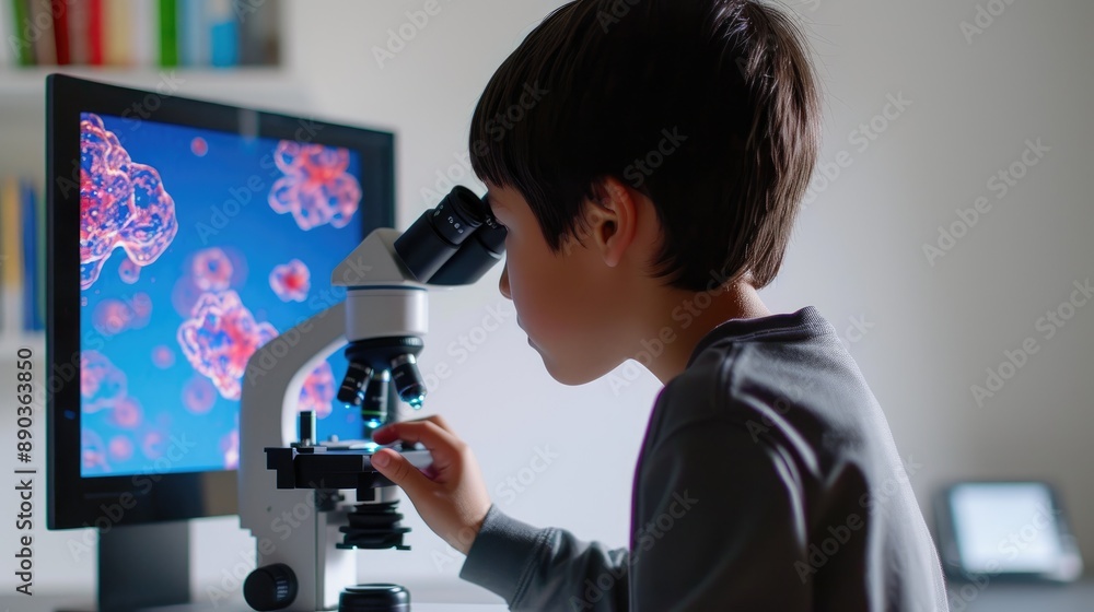 Young Researcher Observing Cells Through Electron Microscope Young Researcher Observing Cells Through Electron Microscope