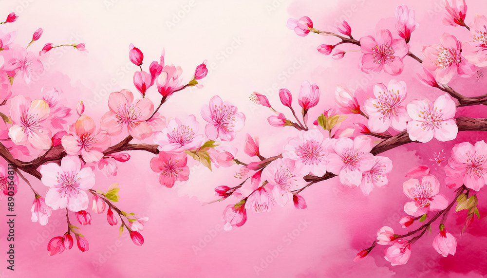 Branches of cherry blossoms hang on a pink background, space for text Branches of cherry blossoms hang on a pink background, space for text