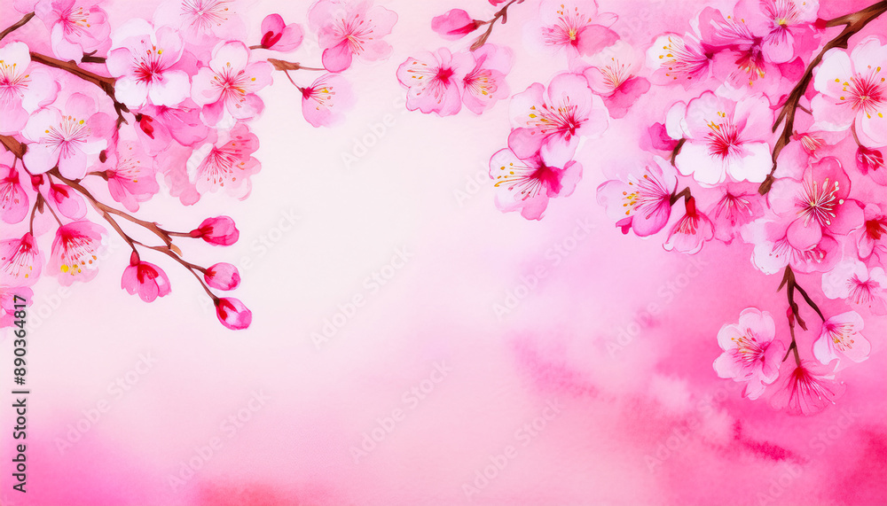 Branches of cherry blossoms hang on a pink background, space for text Branches of cherry blossoms hang on a pink background, space for text