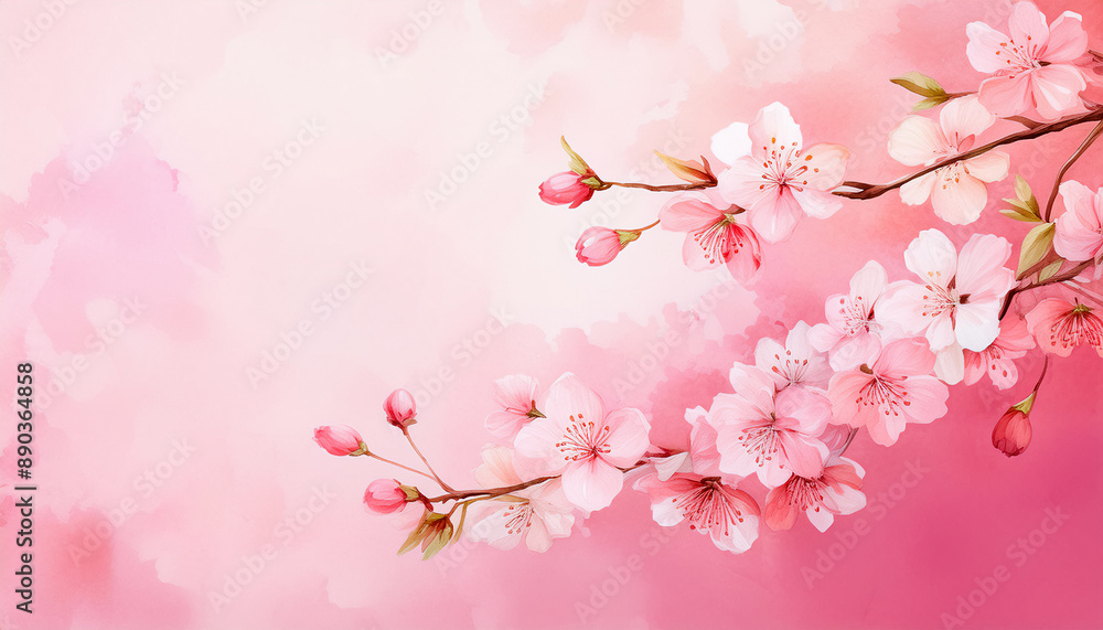 Branches of cherry blossoms hang on a pink background, space for text Branches of cherry blossoms hang on a pink background, space for text