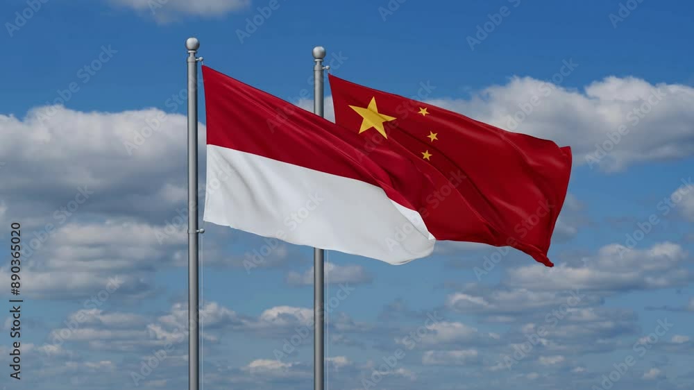 China and Indonesia flags flying together, video concept of the relationship, two country relations concept China and Indonesia flags flying together, video concept of the relationship, two country relations concept