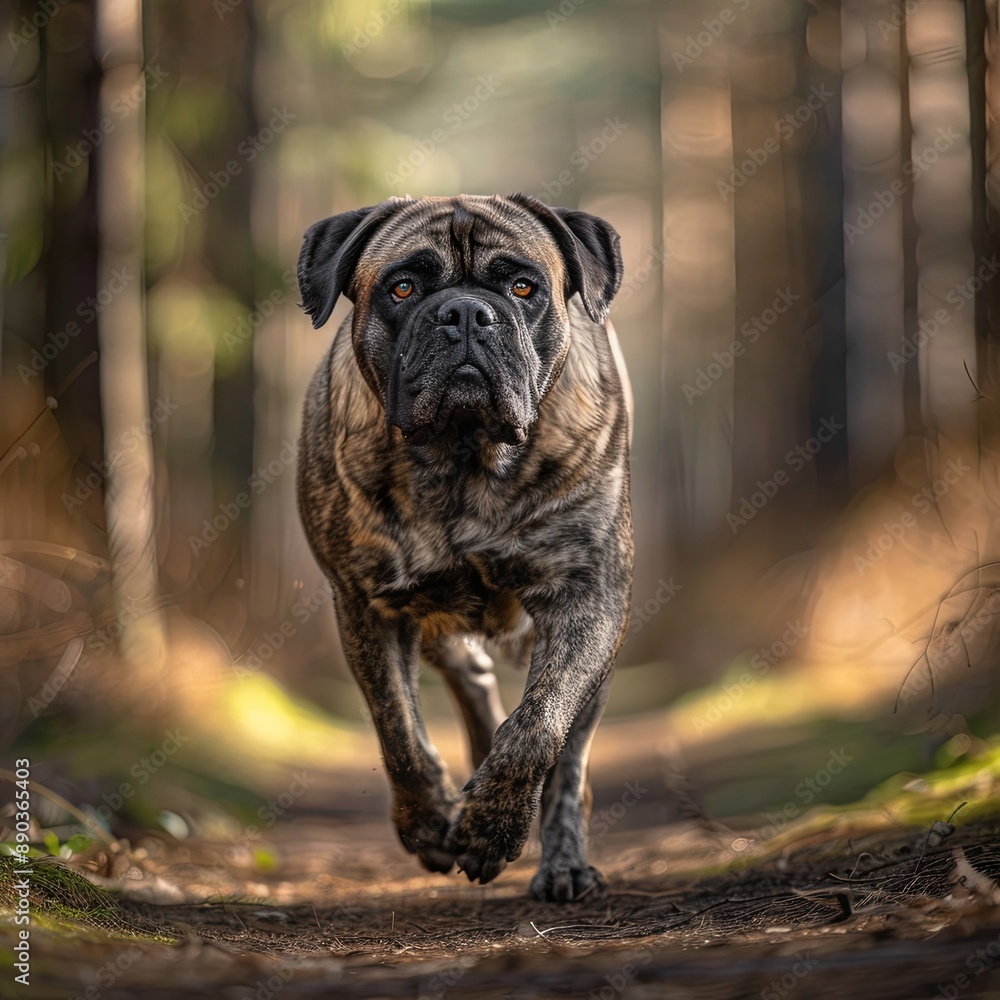 LARGE BULLMASTIFF WALKING STRAIGHT INTO THE FRAME IN THE WOODS WITH NICE EYES AND A BLURRY BACKGROUND LARGE BULLMASTIFF WALKING STRAIGHT INTO THE FRAME IN THE WOODS WITH NICE EYES AND A BLURRY BACKGROUND