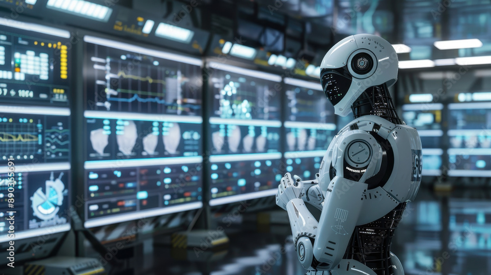 Advanced humanoid robot analyzing data in futuristic control room with digital screens and high-tech interface Advanced humanoid robot analyzing data in futuristic control room with digital screens and high-tech interface