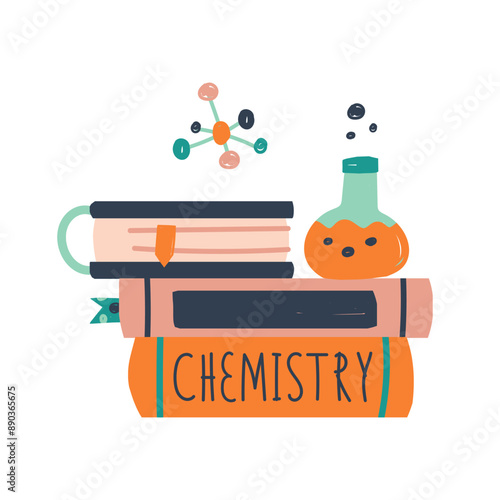 Back to school. clip art textbooks about chemistry and test tube with chemical elements on the book. Flat hand drawn vector illustration.
