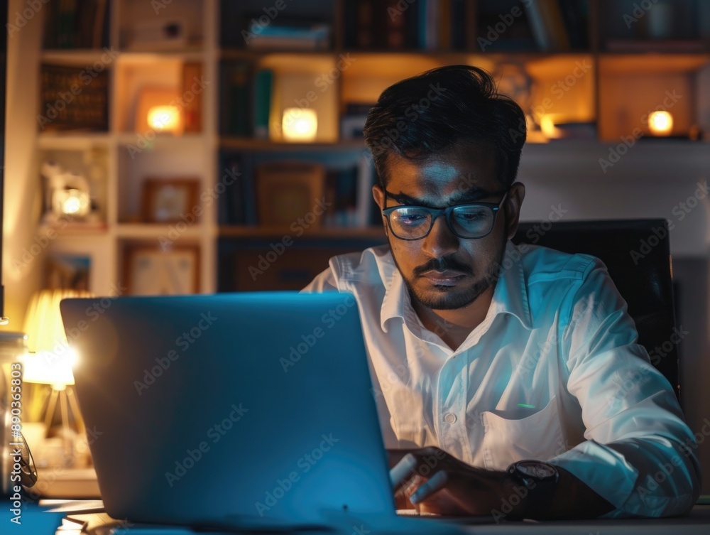 A person sitting at a desk with a laptop open, possibly working or browsing online A person sitting at a desk with a laptop open, possibly working or browsing online