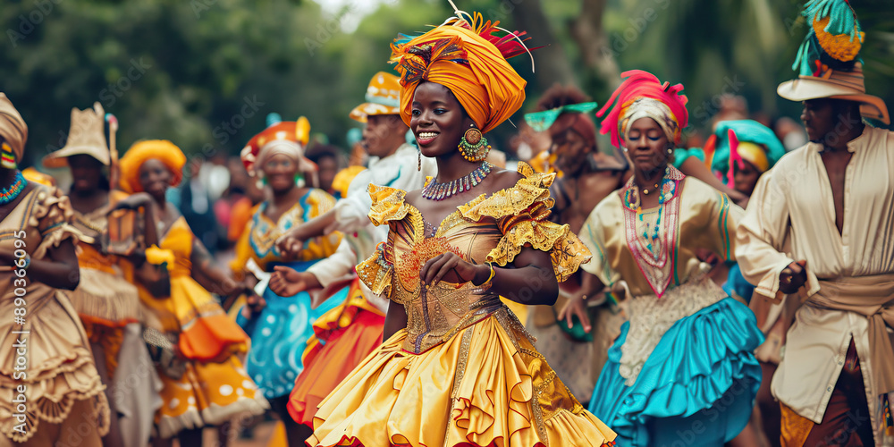 Fototapeta premium Cultural Pride: A group of Black people dressed in traditional attire, performing a dance at a heritage festival.