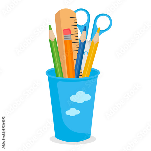School or office supplies in a cup in flat style. Isolated on white background