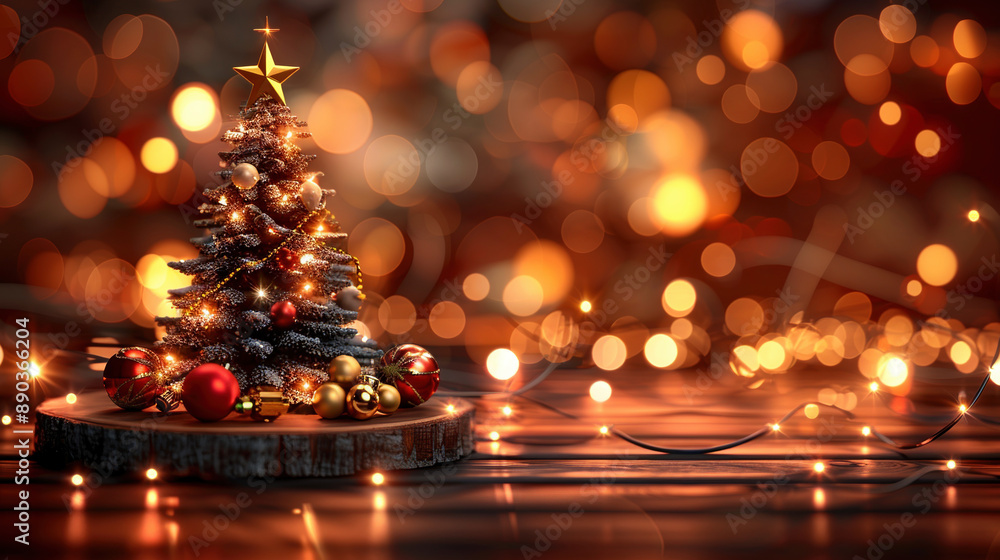 Christmas bokeh background light spots miniature Christmas tree and star. Christmas web banner Christmas bokeh background light spots miniature Christmas tree and star. Christmas web banner