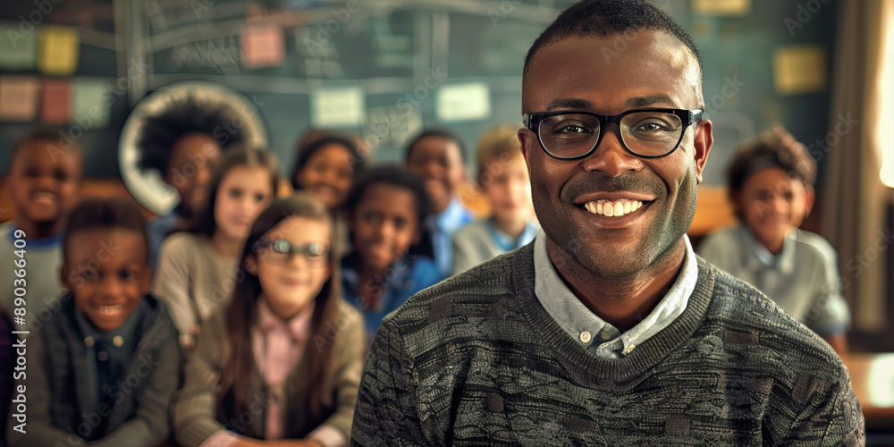 Fototapeta premium Educator's Impact: A Black teacher standing in front of a classroom, with smiling students of various ages