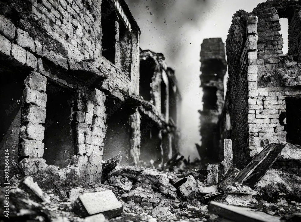 Fototapeta premium Bombed and ruined city. Consequences of terrorism and war. 