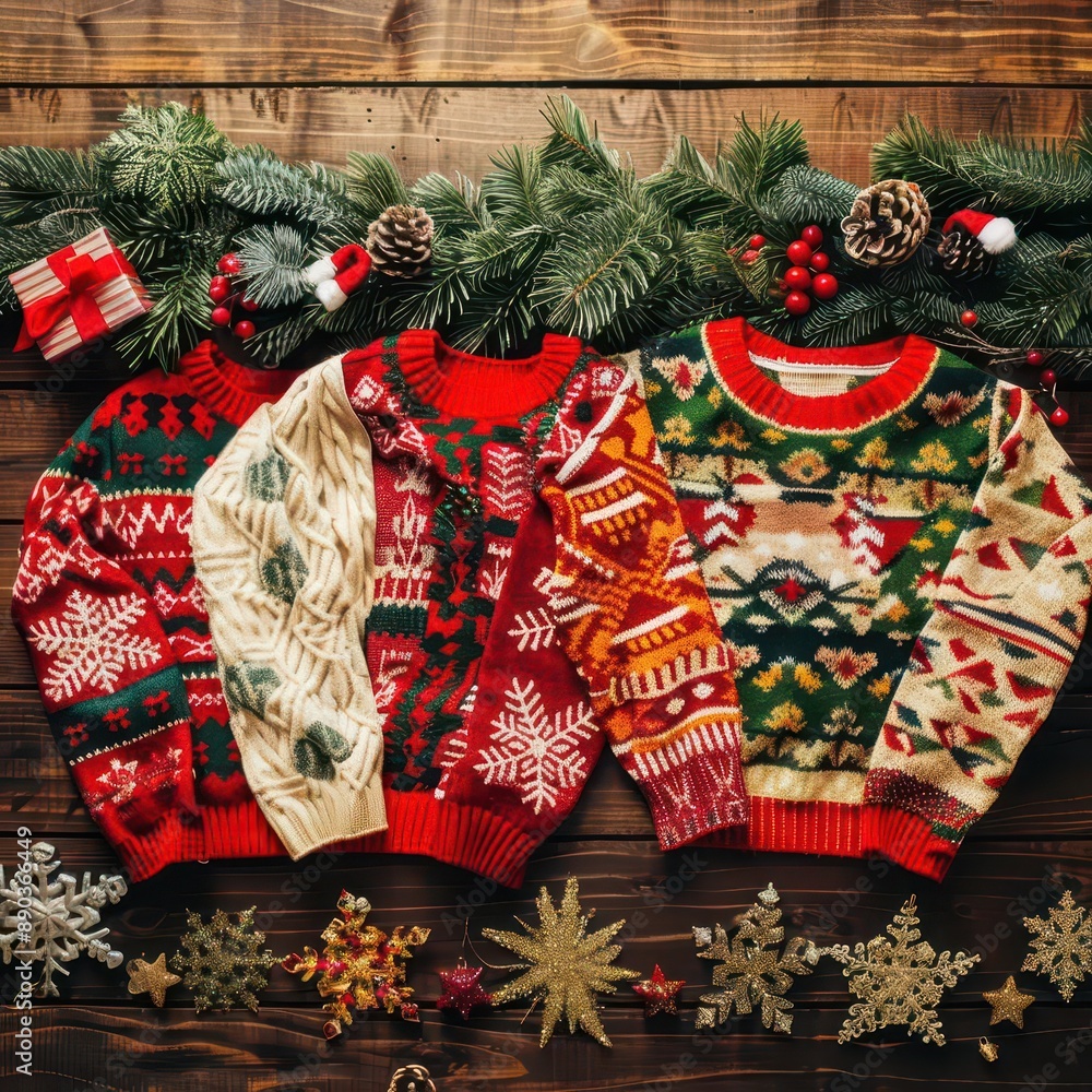 custom made wallpaper toronto digitalfestive flat lay of ugly christmas sweaters arranged with holiday decorations bright colors and kitschy patterns on a rustic wooden background