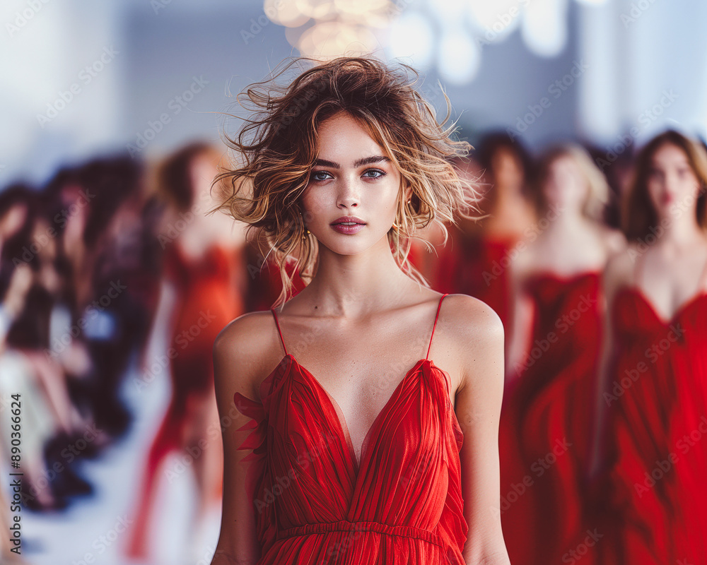 Model walks runway luxurious red dress fashion show. Fashion show, catwalk, catwalk, fashion week Model walks runway luxurious red dress fashion show. Fashion show, catwalk, catwalk, fashion week