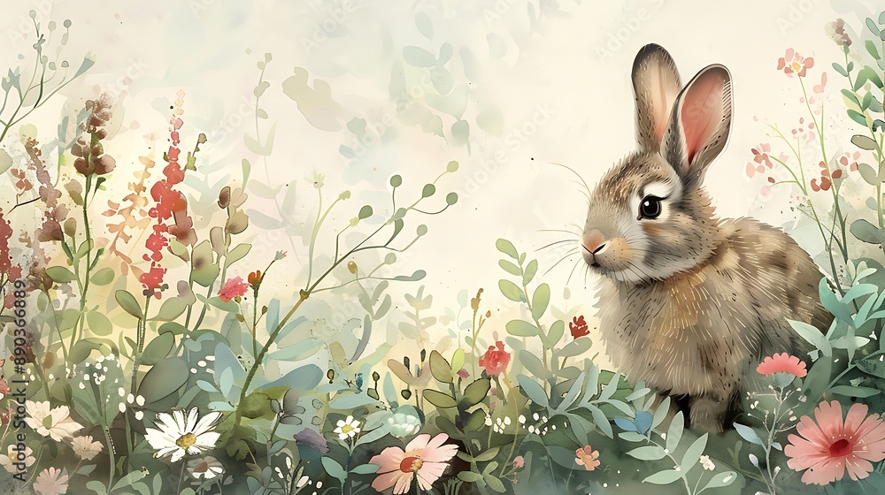 A watercolor painting of a curious rabbit, its fur blending seamlessly with a vibrant spring garden, soft hues of green and pink, with blooming flowers and greenery intertwining, A watercolor painting of a curious rabbit, its fur blending seamlessly with a vibrant spring garden, soft hues of green and pink, with blooming flowers and greenery intertwining,