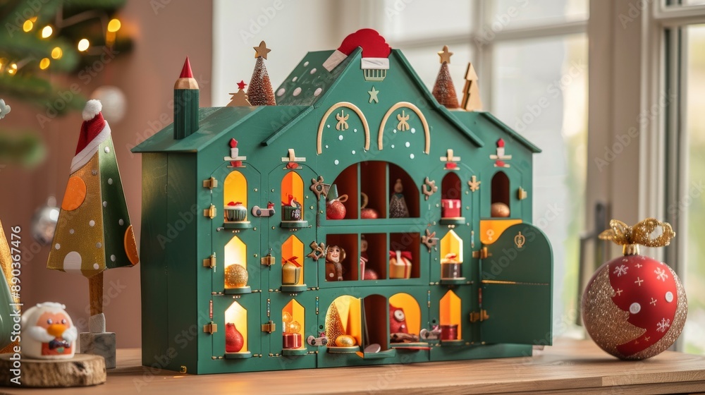 Advent calendar with doors open to reveal small gifts and treats for December Advent calendar with doors open to reveal small gifts and treats for December