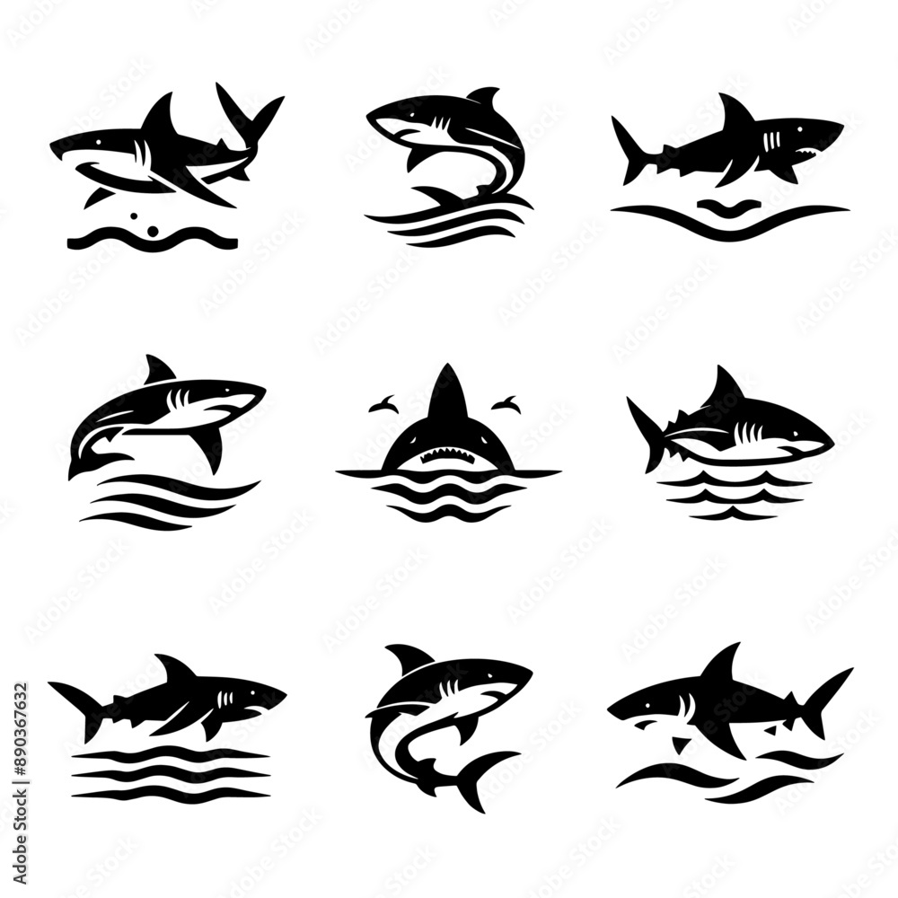 A set of silhouette shark logo A set of silhouette shark logo