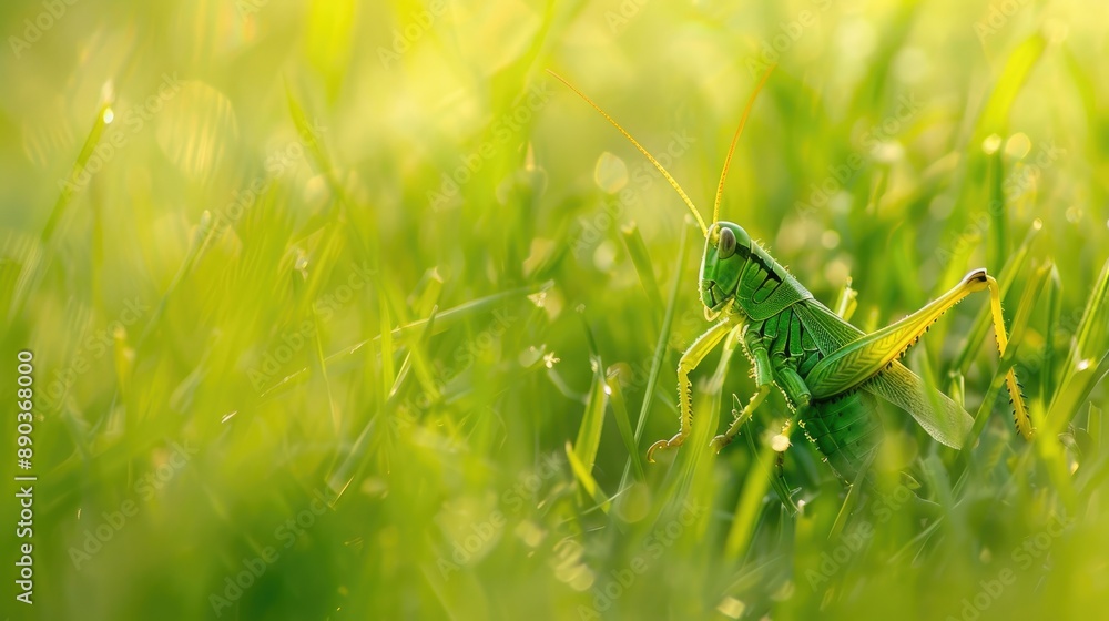 Fototapeta premium Grasshopper camouflaged in a green field