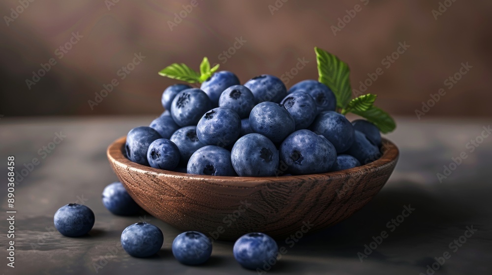 Fresh blueberries in wooden bowl on dark background Fresh blueberries in wooden bowl on dark background
