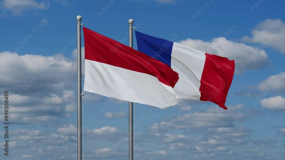 France and Indonesia flags waving together, looped video, two country relations concept France and Indonesia flags waving together, looped video, two country relations concept