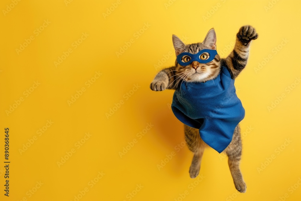 Brave Little Cat Hero with Cloak and Mask on Light Background Brave Little Cat Hero with Cloak and Mask on Light Background