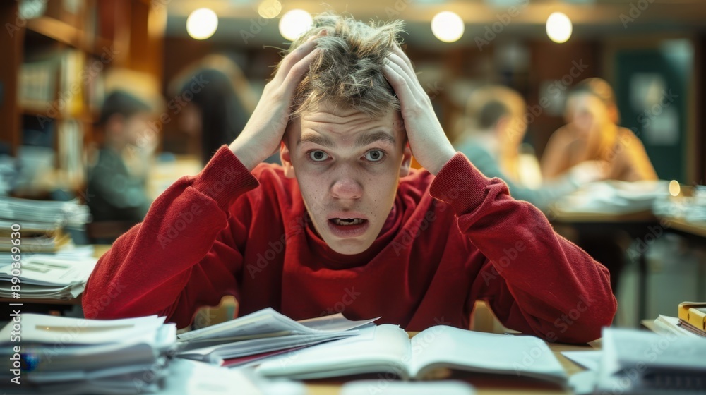 The stressed student in library The stressed student in library