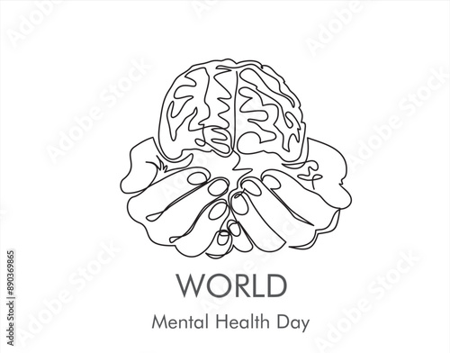 One continuous single line of hands hold brain. World Mental Health day is observed every year on October 10, A mental illness is a health problem