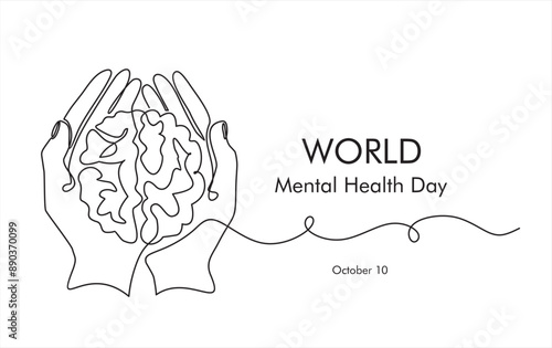 One continuous single line of hands hold brain. World Mental Health day is observed every year on October 10, A mental illness is a health problem