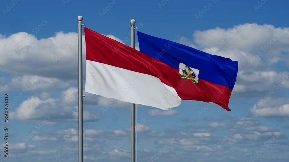 Haiti and Indonesia flags flying together, video concept of the relationship, two country relations concept Haiti and Indonesia flags flying together, video concept of the relationship, two country relations concept
