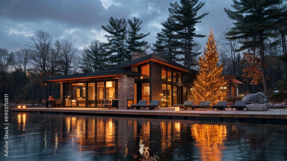 Modern Cabin by Lake at Dusk with Holiday Lights Modern Cabin by Lake at Dusk with Holiday Lights