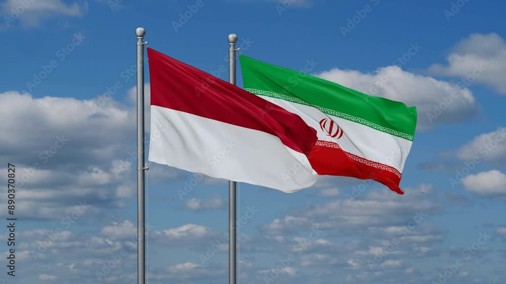 Iran and Indonesia two flags waving together on blue sky, looped video Iran and Indonesia two flags waving together on blue sky, looped video