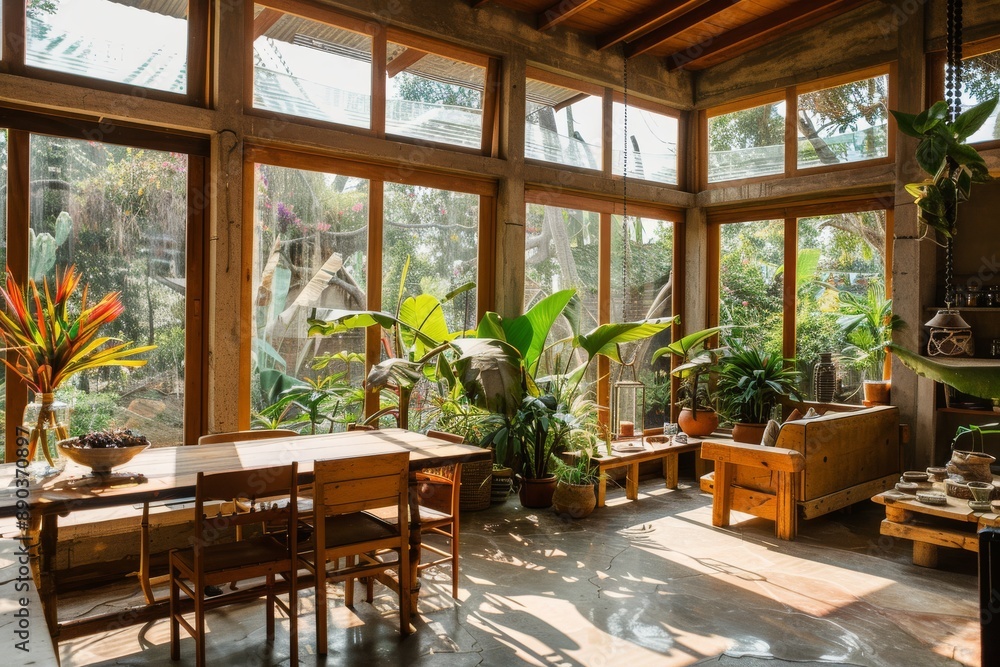 Fototapeta premium Bright and Airy Eco-friendly House Interior with Abundant Natural Light and Plants